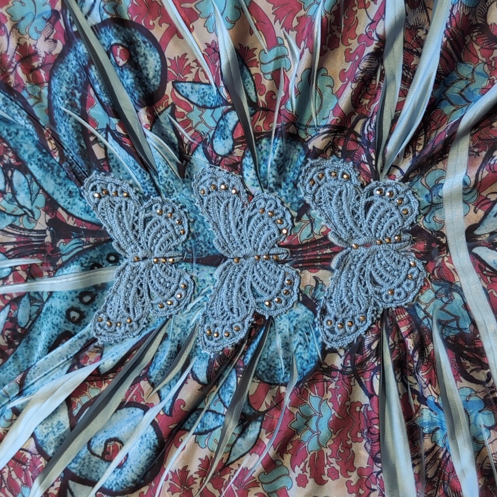 Y2K Oneworld Blue Pink Butterfly Embroidery Flutter Sleeve Fairycore Top Medium - Picture 3 of 13